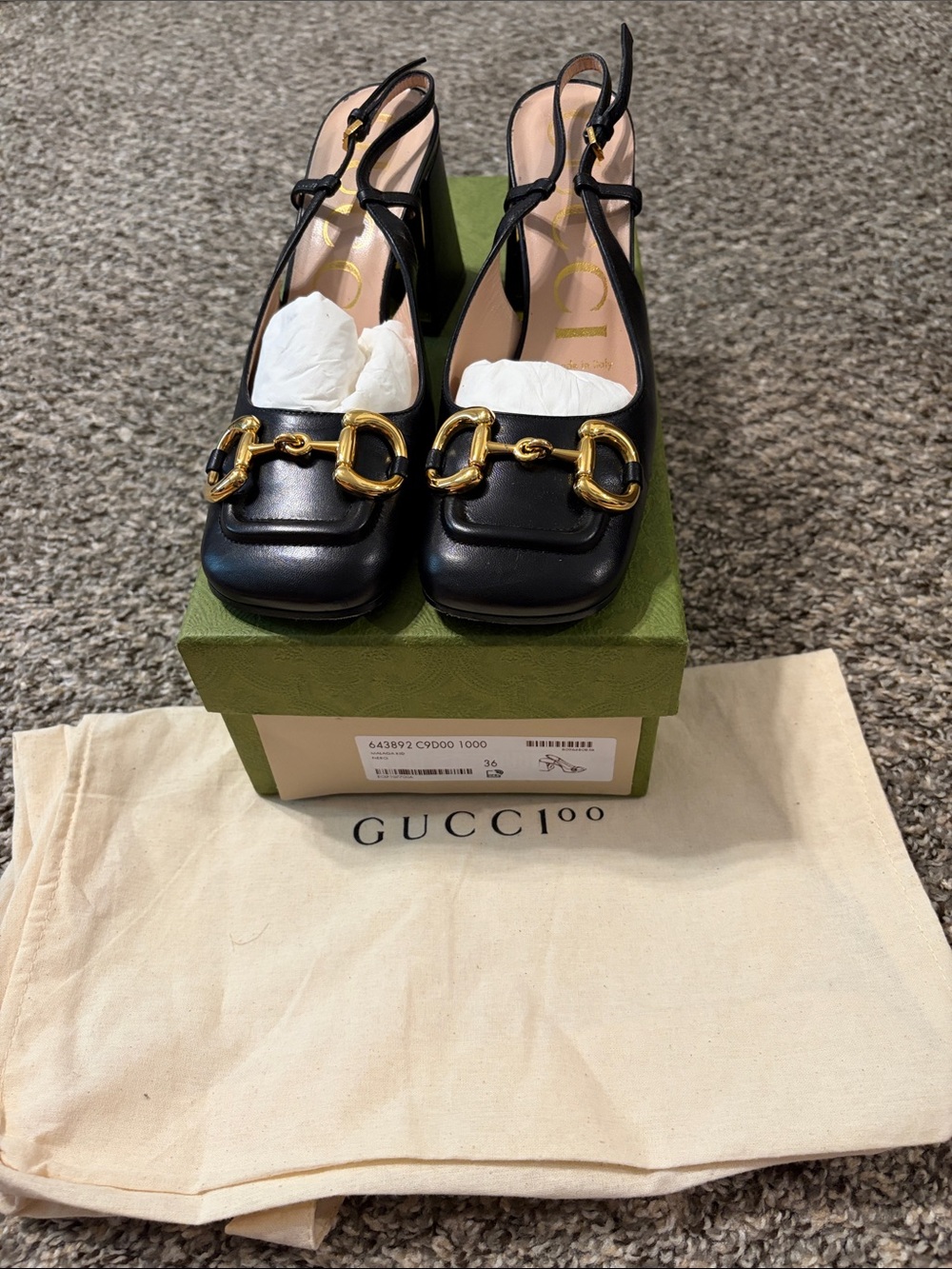 Gucci Black Leather Slingback Pumps with Gold Horsebit - Size 36